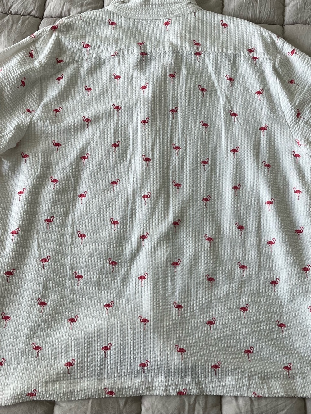 White Short-Sleeve Button-Up Shirt with Pink Flamingo Print - Picture 3 of 3